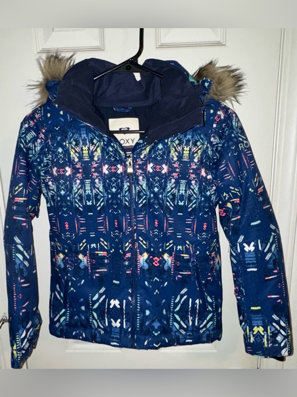 Roxy Girls' Navy Geometric Print Puffer Jacket with Removable Faux Fur Trim